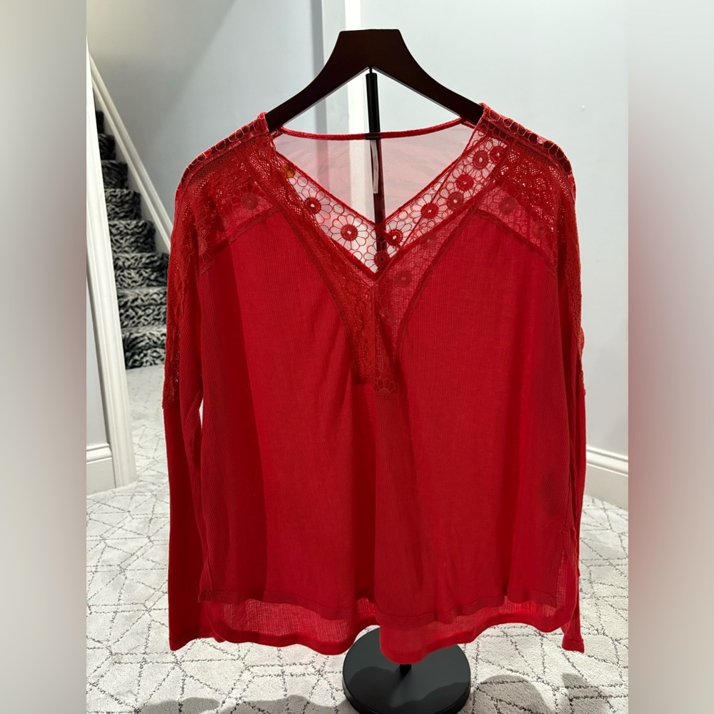 Free people Red Lace V-Neck Blouse- So much detail!! Size S but oversized